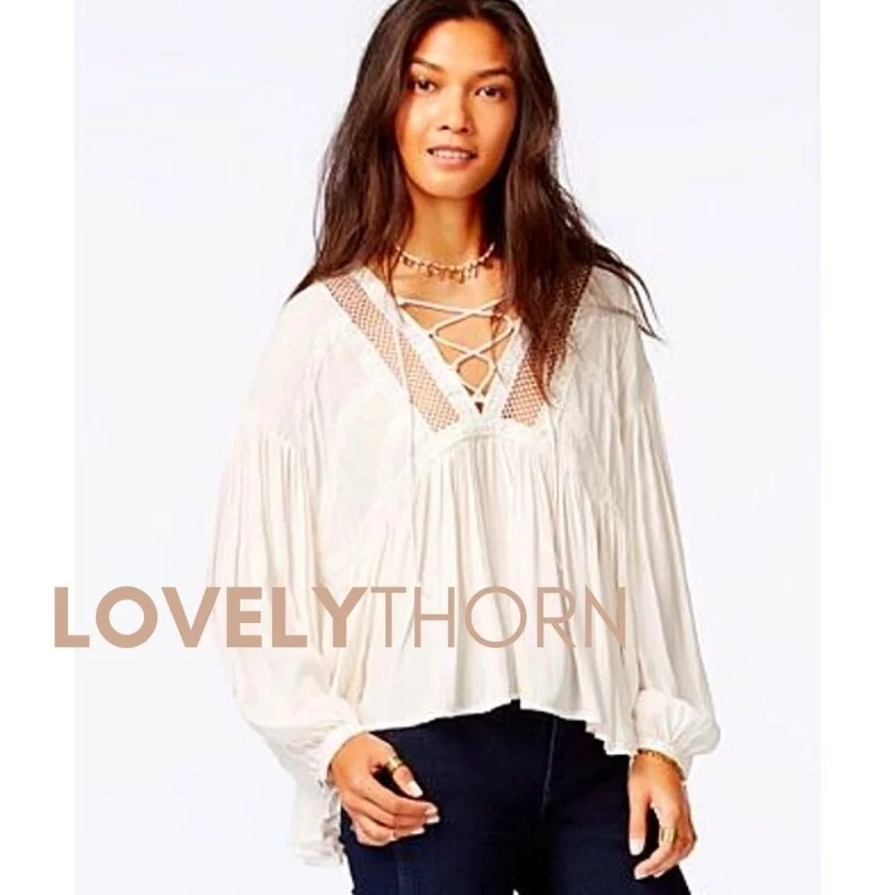FREE PEOPLE // embroidered lace-up front open knit detail flowy plunge top - Picture 3 of 4